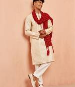 Cream 3-piece jacquard kurta pyjama dupatta set - zari embroidery wedding traditional wear