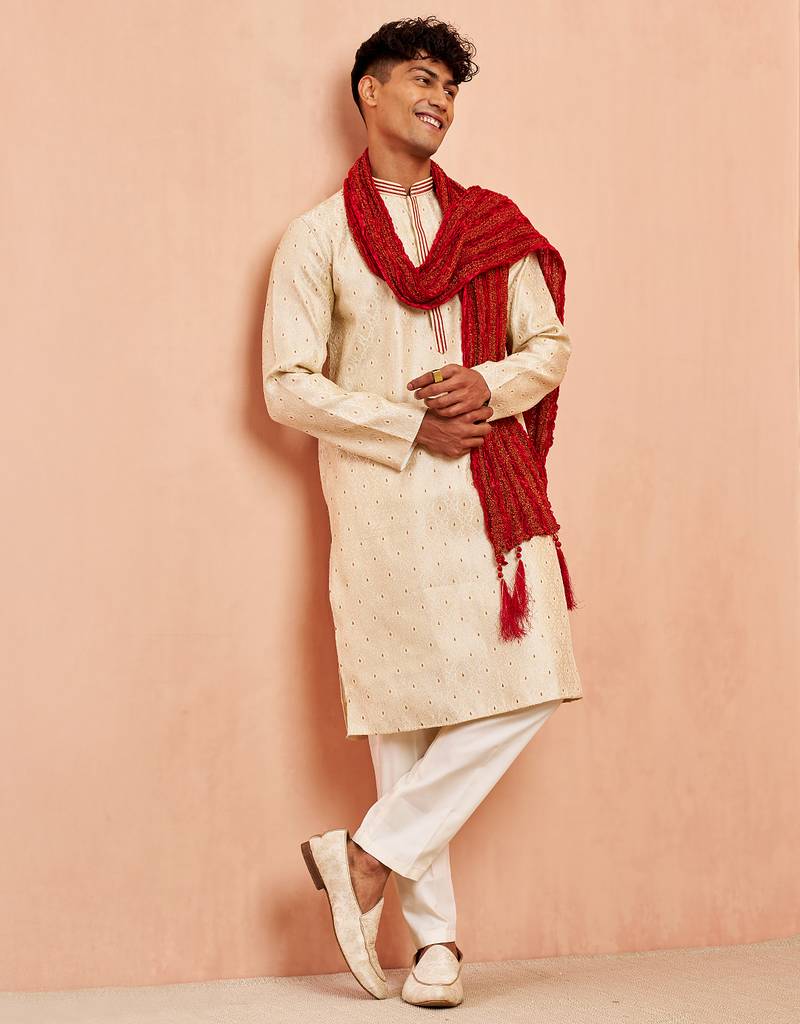 Cream 3-piece jacquard kurta pyjama dupatta set - zari embroidery wedding traditional wear