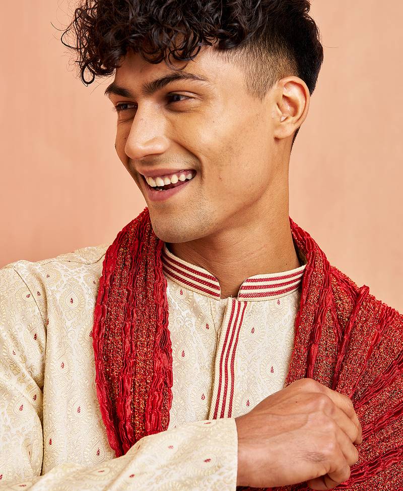 Cream 3-piece jacquard kurta pyjama dupatta set - zari embroidery wedding traditional wear