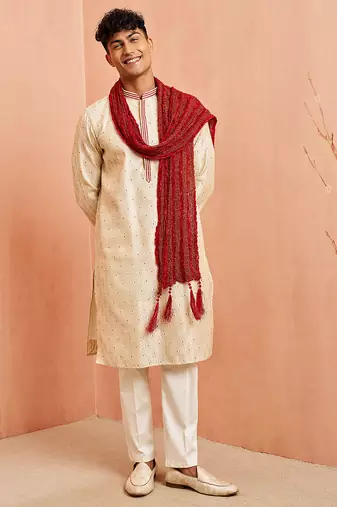 Cream 3-piece jacquard kurta pyjama dupatta set - zari embroidery wedding traditional wear