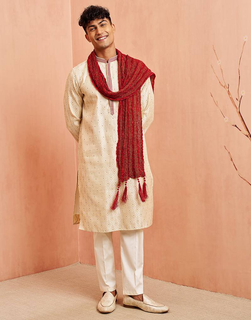 Cream 3-piece jacquard kurta pyjama dupatta set - zari embroidery wedding traditional wear