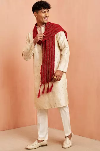 Cream 3-piece jacquard kurta pyjama dupatta set - zari embroidery wedding traditional wear