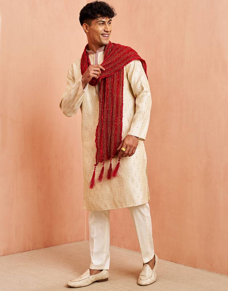 Cream 3-piece jacquard kurta pyjama dupatta set - zari embroidery wedding traditional wear