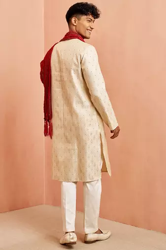 Cream 3-piece jacquard kurta pyjama dupatta set - zari embroidery wedding traditional wear
