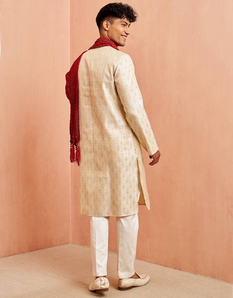 Cream 3-piece jacquard kurta pyjama dupatta set - zari embroidery wedding traditional wear