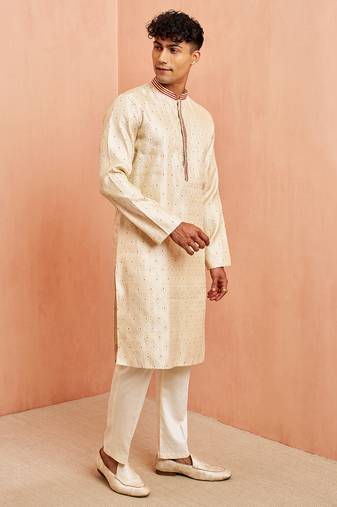 Cream maroon jacquard kurta pyjama set - zari thread embroidery wedding traditional wear (size 36-42)