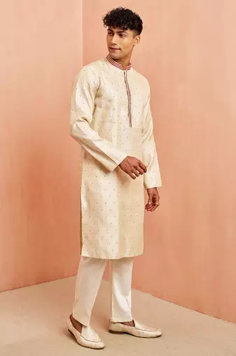 Cream maroon jacquard kurta pyjama set - zari thread embroidery wedding traditional wear (size 36-42)