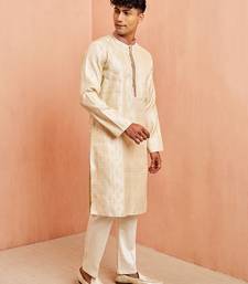 Cream maroon jacquard kurta pyjama set - zari thread embroidery wedding traditional wear (size 36-42)