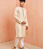 Cream maroon jacquard kurta pyjama set - zari thread embroidery wedding traditional wear (size 36-42)