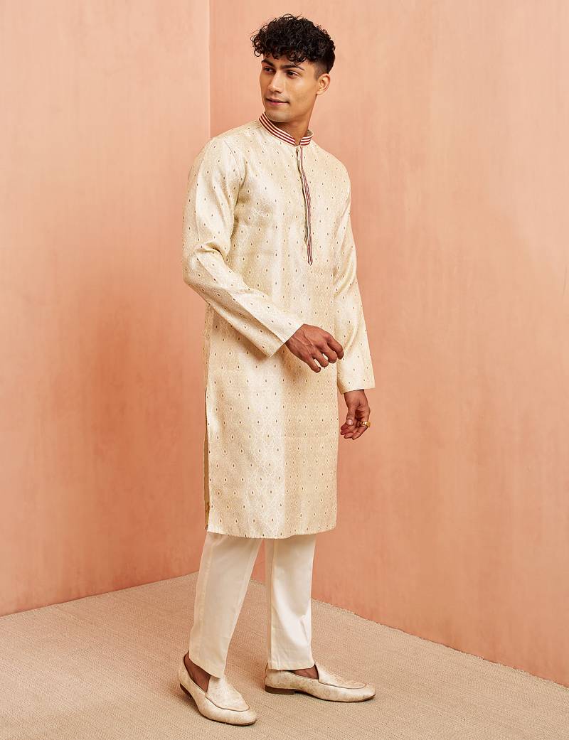 Cream maroon jacquard kurta pyjama set - zari thread embroidery wedding traditional wear (size 36-42)