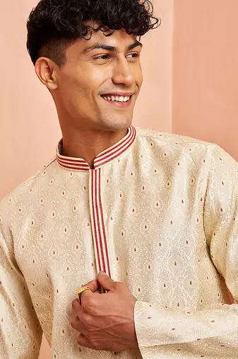 Cream maroon jacquard kurta pyjama set - zari thread embroidery wedding traditional wear (size 36-42)