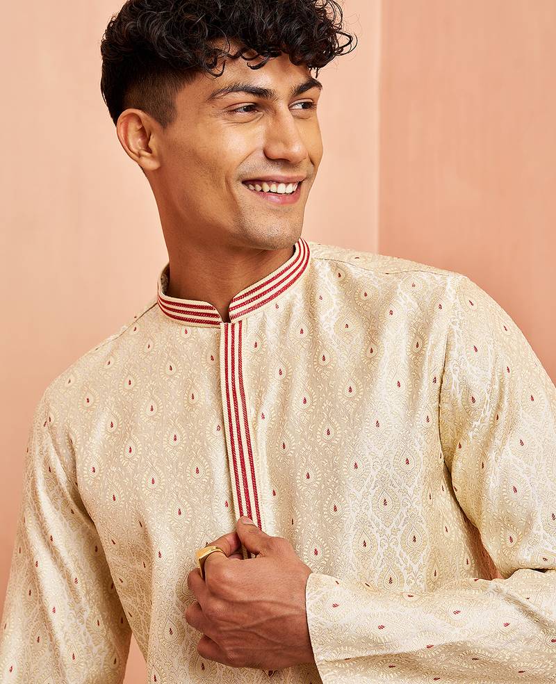 Cream maroon jacquard kurta pyjama set - zari thread embroidery wedding traditional wear (size 36-42)