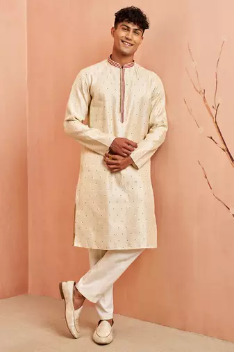 Cream maroon jacquard kurta pyjama set - zari thread embroidery wedding traditional wear (size 36-42)
