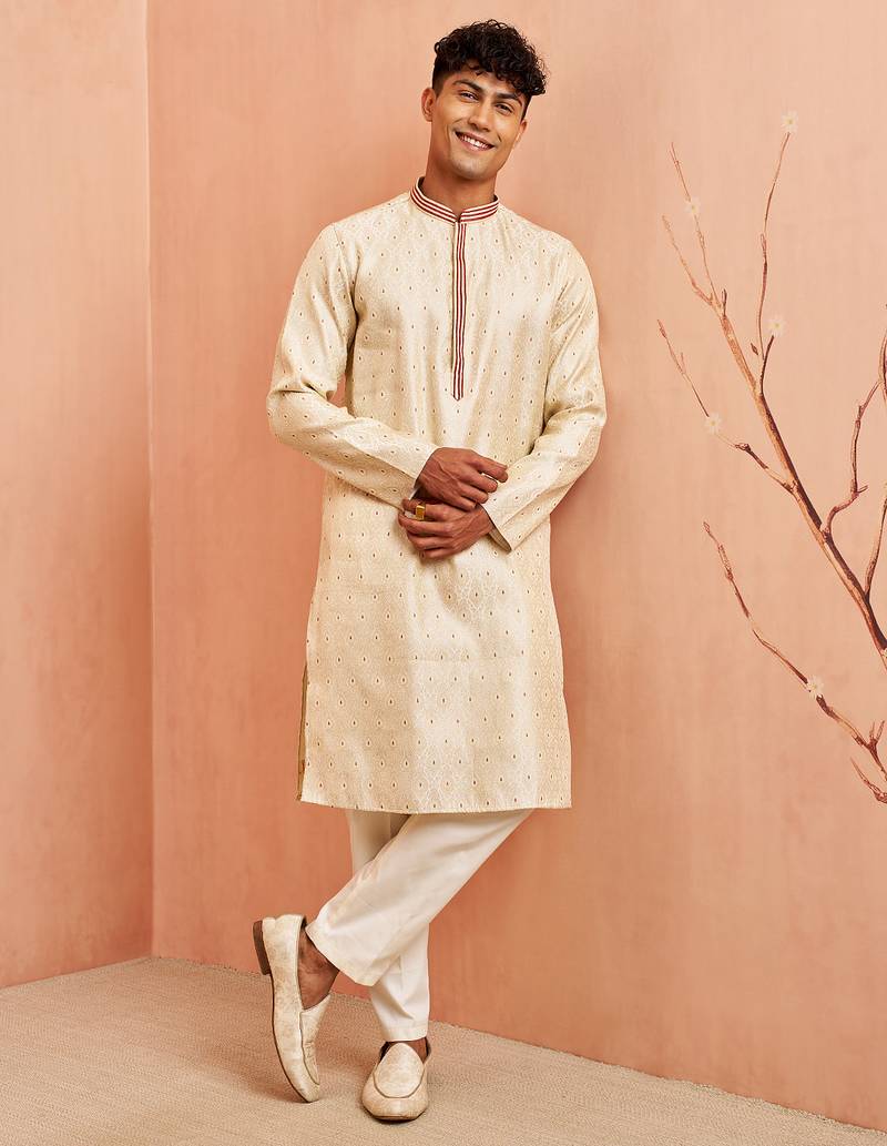 Cream maroon jacquard kurta pyjama set - zari thread embroidery wedding traditional wear (size 36-42)