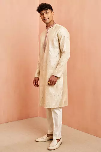 Cream maroon jacquard kurta pyjama set - zari thread embroidery wedding traditional wear (size 36-42)
