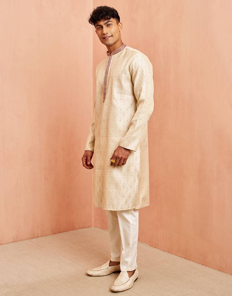 Cream maroon jacquard kurta pyjama set - zari thread embroidery wedding traditional wear (size 36-42)