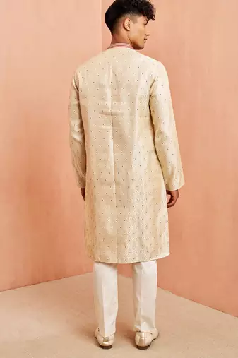 Cream maroon jacquard kurta pyjama set - zari thread embroidery wedding traditional wear (size 36-42)