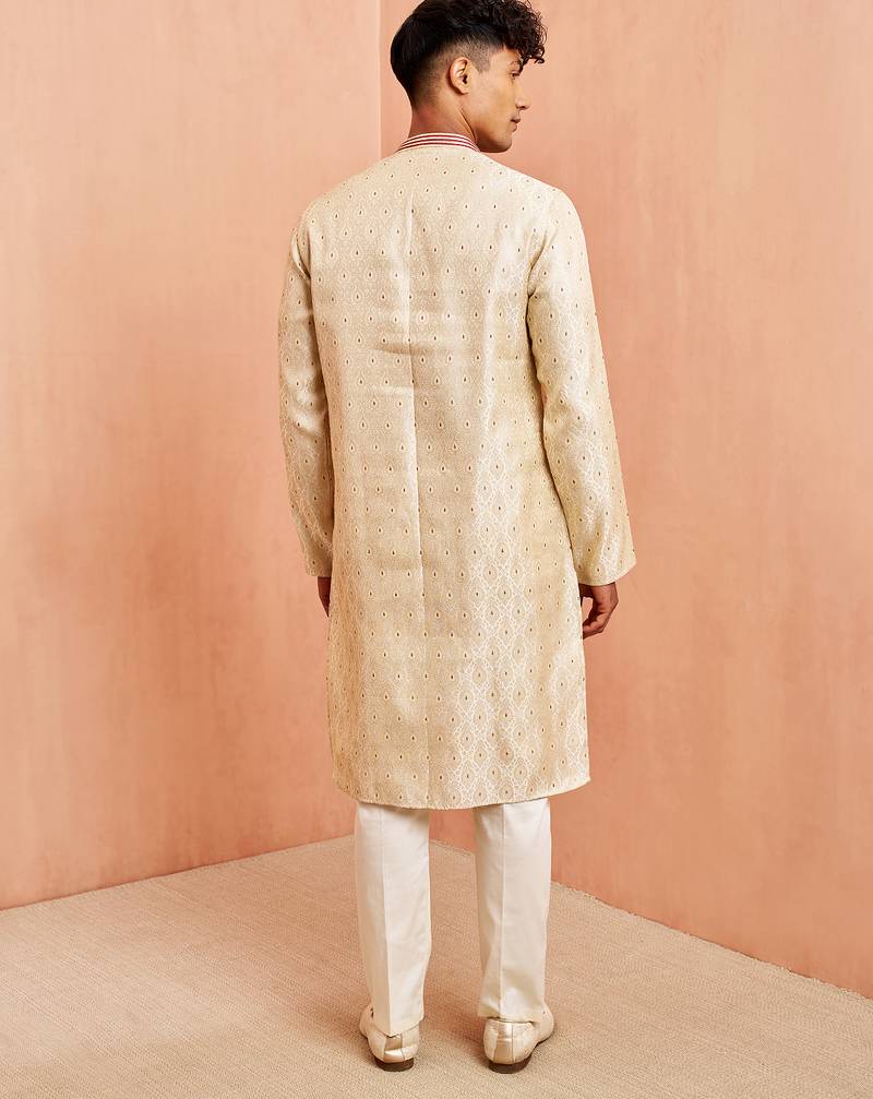 Cream maroon jacquard kurta pyjama set - zari thread embroidery wedding traditional wear (size 36-42)