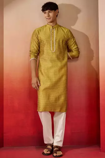 yellow jacquard kurta with pyjama - bright festive set