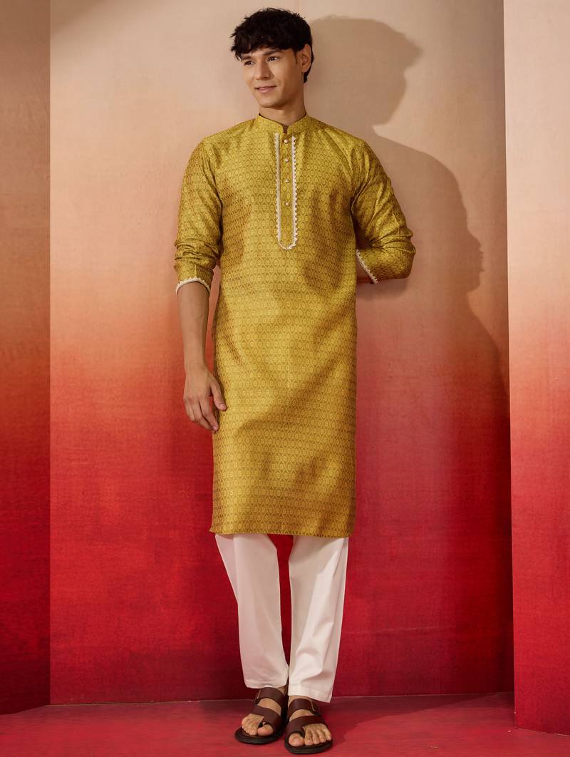 yellow jacquard kurta with pyjama - bright festive set