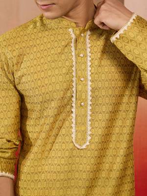 yellow jacquard kurta with pyjama - bright festive set 2