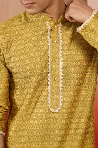 yellow jacquard kurta with pyjama - bright festive set