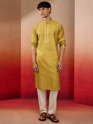 yellow jacquard kurta with pyjama - bright festive set 3