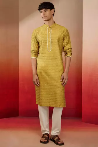 yellow jacquard kurta with pyjama - bright festive set