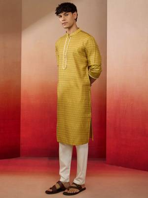 yellow jacquard kurta with pyjama - bright festive set 4