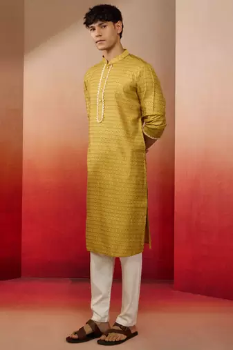 yellow jacquard kurta with pyjama - bright festive set