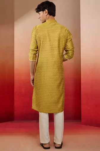yellow jacquard kurta with pyjama - bright festive set