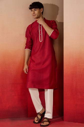 maroon jacquard kurta with pyjama - traditional festive set