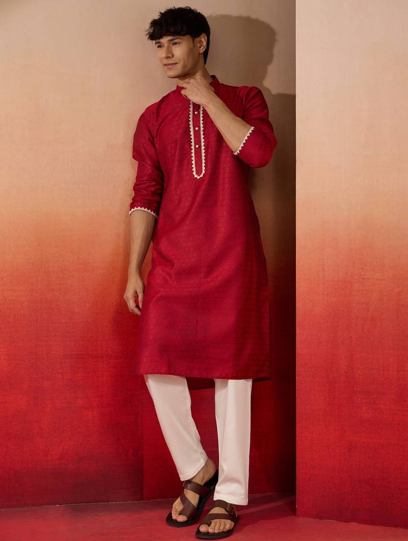 maroon jacquard kurta with pyjama - traditional festive set