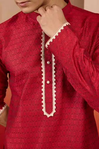 maroon jacquard kurta with pyjama - traditional festive set