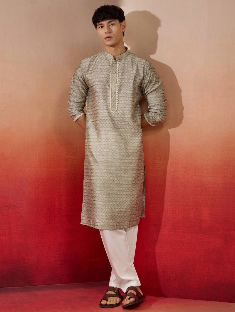grey jacquard kurta with pyjama - contemporary festive set