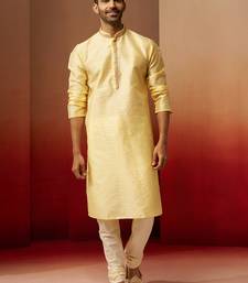 yellow jacquard kurta with cream churidar set - bright ethnic wear