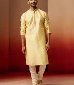 yellow jacquard kurta with cream churidar set - bright ethnic wear