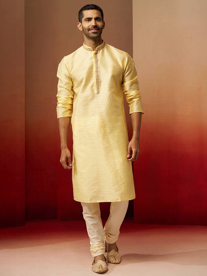 yellow jacquard kurta with cream churidar set - bright ethnic wear