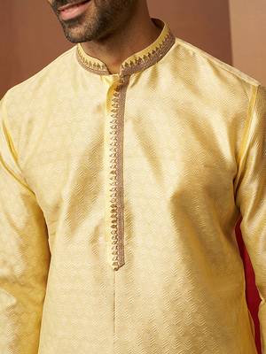 yellow jacquard kurta with cream churidar set - bright ethnic wear 2