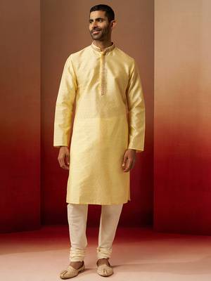 yellow jacquard kurta with cream churidar set - bright ethnic wear 3