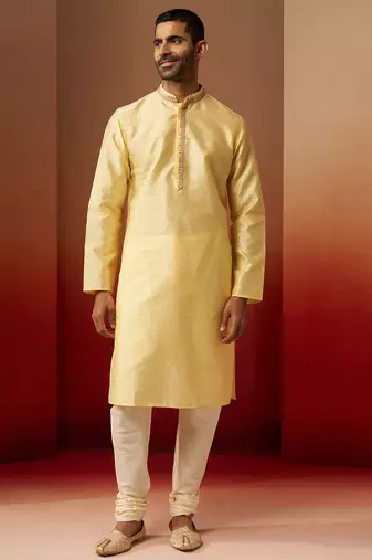 yellow jacquard kurta with cream churidar set - bright ethnic wear