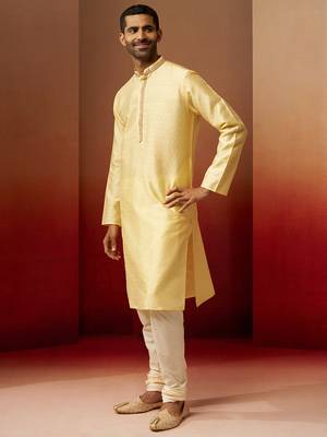 yellow jacquard kurta with cream churidar set - bright ethnic wear 4