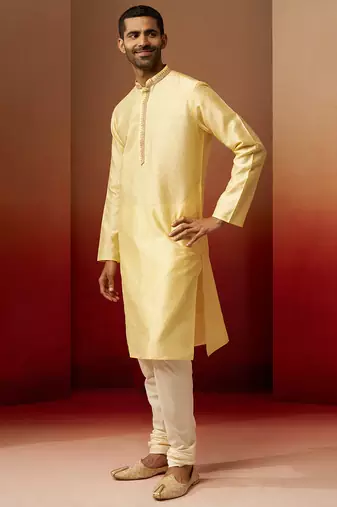 yellow jacquard kurta with cream churidar set - bright ethnic wear