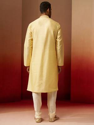 yellow jacquard kurta with cream churidar set - bright ethnic wear 5