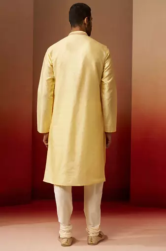 yellow jacquard kurta with cream churidar set - bright ethnic wear