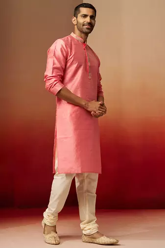 pink jacquard kurta with cream churidar set - traditional festive wear
