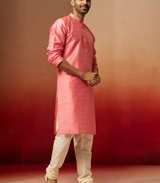 pink jacquard kurta with cream churidar set - traditional festive wear