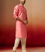 pink jacquard kurta with cream churidar set - traditional festive wear