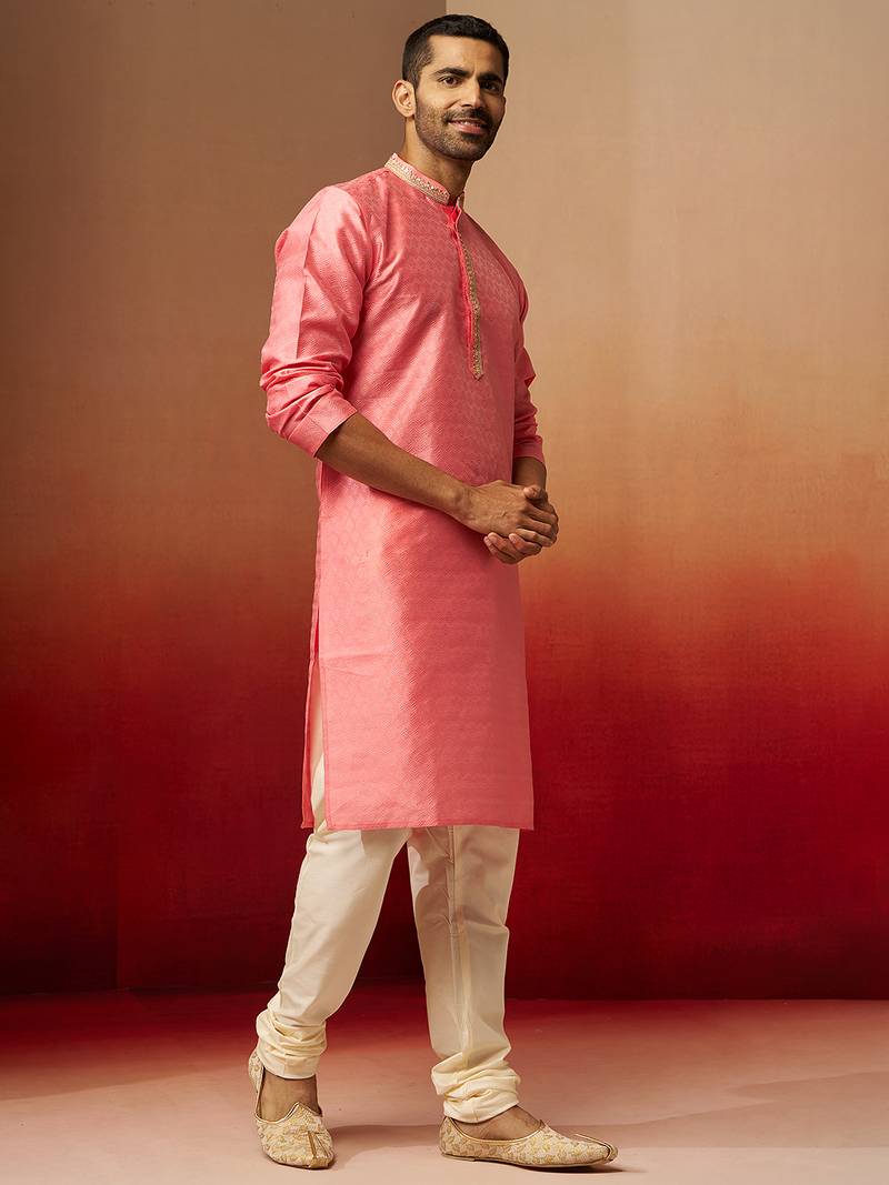 pink jacquard kurta with cream churidar set - traditional festive wear