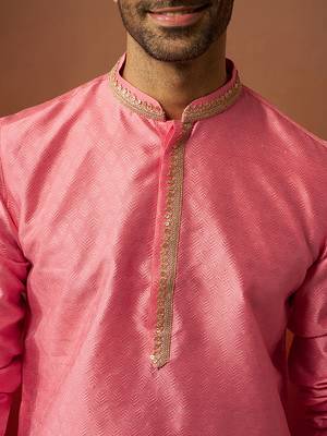 pink jacquard kurta with cream churidar set - traditional festive wear 2